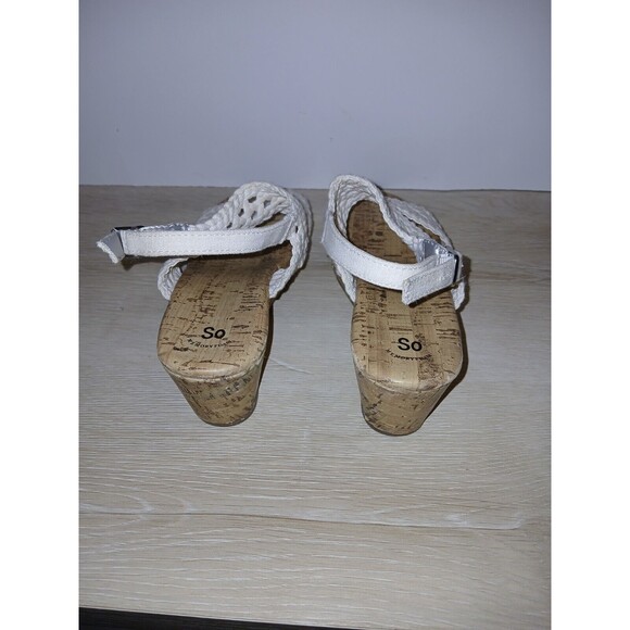 SO Adriene Cork Wedge Sandals White Woven Upper Open Toe Girls Size 3 Medium - Picture 11 of 16